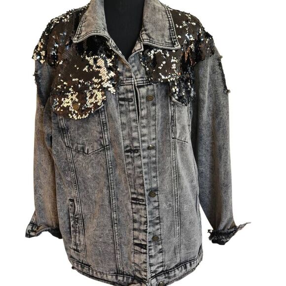 L&B Lucky and Blessed Womens Black Sequined Distressed Denim Jacket Large - Picture 1 of 13